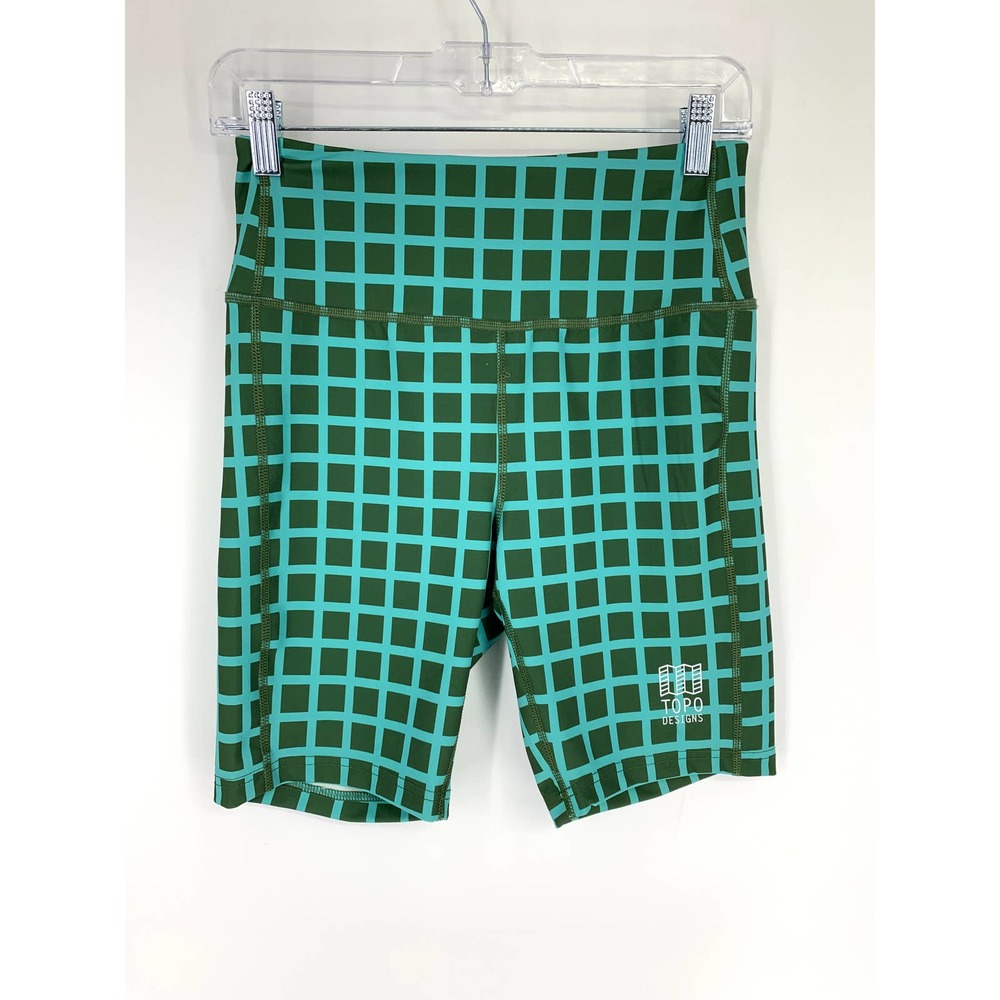 Topo Designs Women's Sz M Windowpane Bike Cycling Short Elastic Waist Green Blue